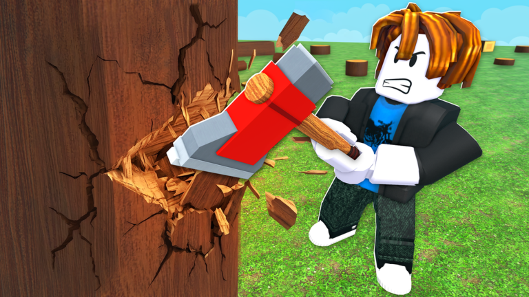 A Roblox character swinging an axe into a large tree trunk in Chop A Forest, sending wood chips outward.