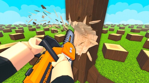 First-person view of an orange chainsaw cutting into a tree in Chop A Forest, wood chips flying, with square cut stumps covering the field behind